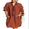 chouyatou Women's Spring Summer Notch Neck Loose Linen Shirt Dress Casual Beach Tunic Dress with Pockets (XX-Large, Reddish Brown) view 1