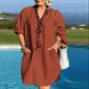 chouyatou Women's Spring Summer Notch Neck Loose Linen Shirt Dress Casual Beach Tunic Dress with Pockets (XX-Large, Reddish Brown) view 2