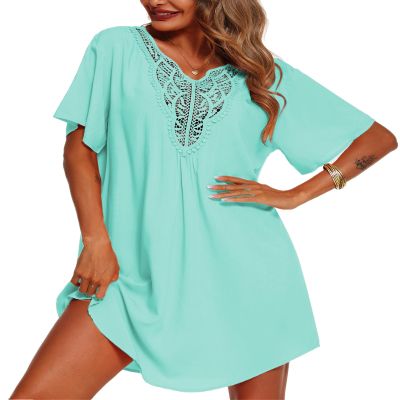Supnier Short Sleeve Cover Ups for Swimwear Women Soft Bikini Swimsuit Coverup Short Summer Beach Cover Up Dress 3XL Vacation Clothes Turquoise