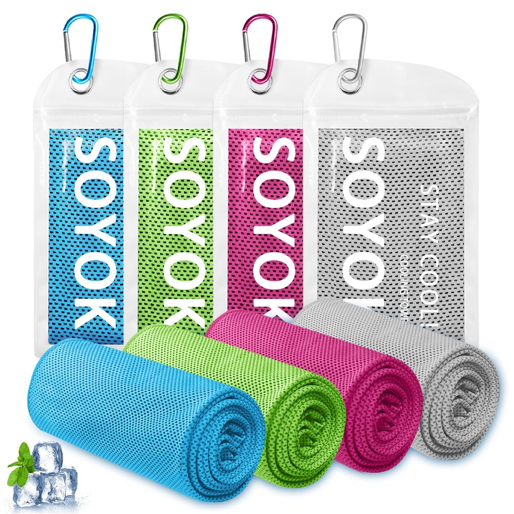 4 Packs Cooling Towel, 40" x 12" Microfiber Cooling Towels for Neck and Face, Soft Breathable Gym Towel for Working Out with Waterproof Bag & Carabiner, Sweat Towels for Running, Yoga, Travel, Climb