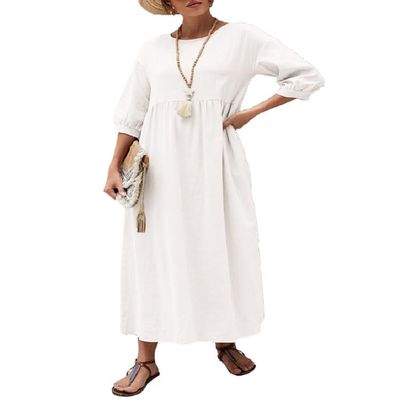 Akivide Women Cotton Linen Flowy Maxi Dress Summer Casual Crewneck Half Sleeve Beach Vacation Long Tunic Tshirt Dress Plus Size with Pocket