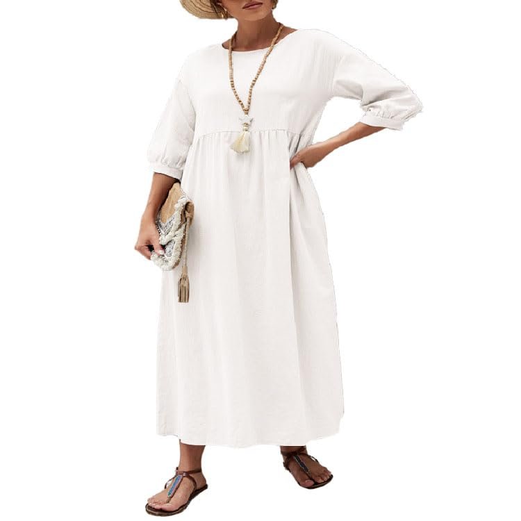 Akivide Women Cotton Linen Flowy Maxi Dress Summer Casual Crewneck Half Sleeve Beach Vacation Long Tunic Tshirt Dress Plus Size with Pocket