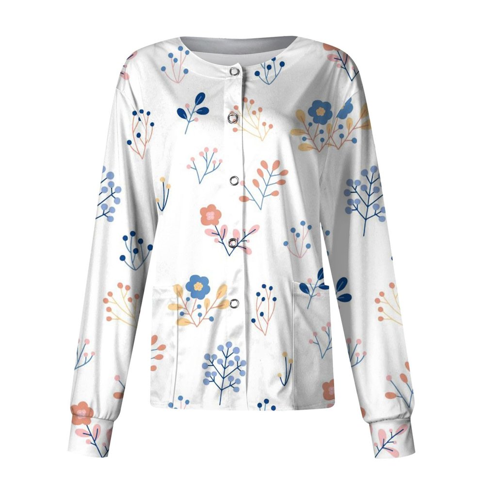 Printed Scrub Jackets for Woman Print Long Sleeve Plus Size Womens Scrubs for Women Nursing Jacket with Pockets White M