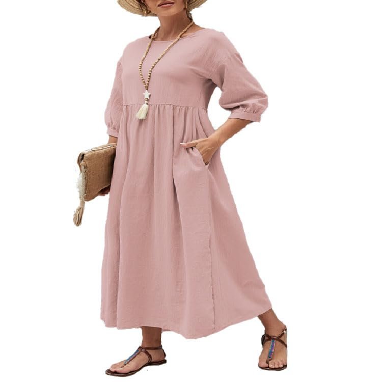 Akivide Women Cotton Linen Flowy Maxi Dress Summer Casual Crewneck Half Sleeve Beach Vacation Long Tunic Tshirt Dress Plus Size with Pocket