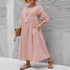 Akivide Women Cotton Linen Flowy Maxi Dress Summer Casual Crewneck Half Sleeve Beach Vacation Long Tunic Tshirt Dress Plus Size with Pocket view 2
