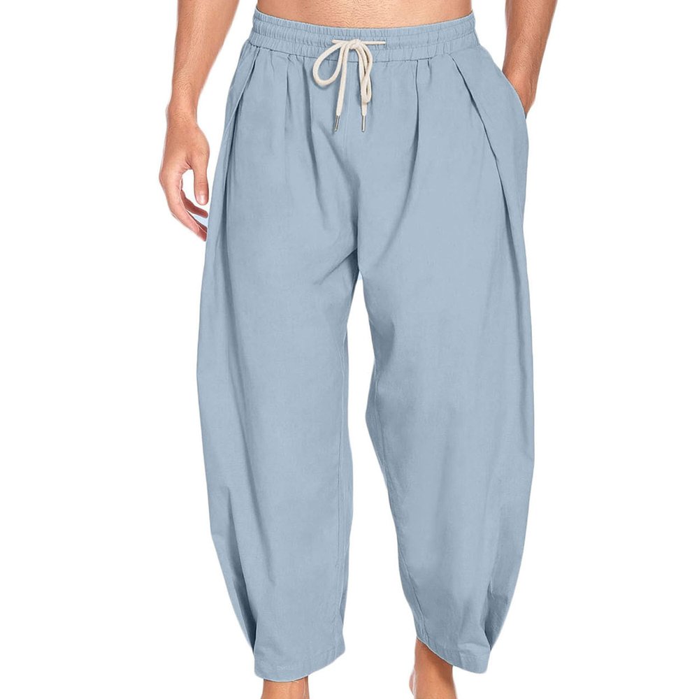 JEsilunmaMY Causal Cotton Linen Harem Pants for Men Elastic Waist Drawstring Beach Pants Lightweight Yoga Pants with Pocket (Light Blue,Small)