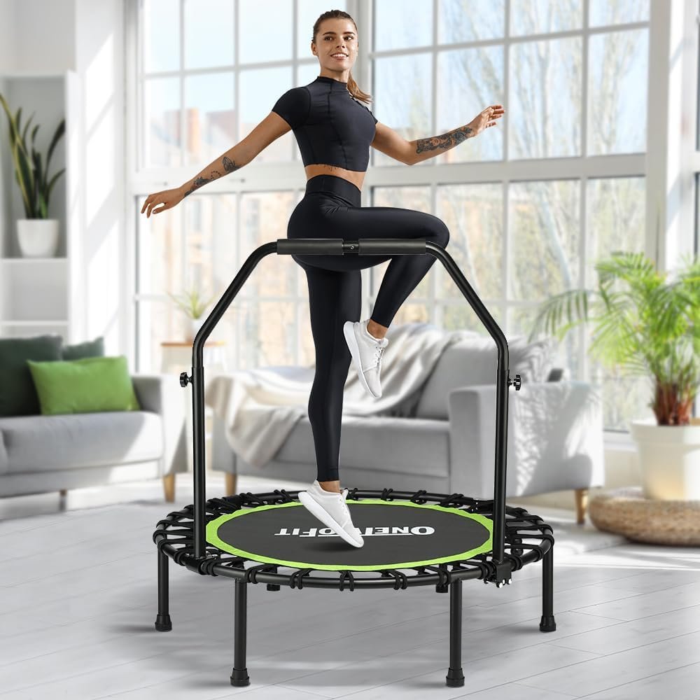 ONETWOFIT Foldable Rebounder Trampoline for Adults, 40/42/45 Mini Fitness Trampoline W/Adjustable Foam Handle Bungees, Quiet Exercise Trampoline for Personal Indoor Workout (40IN-with Handle)