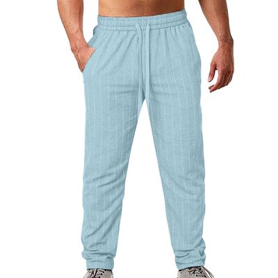 JEsilunmaMY Men's Stripe Cotton Linen Pants Drawstring Elastic Waist Beach Yoga Trousers Summer Straight Leg Casual Pants (Light Blue,Large)