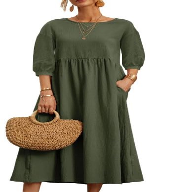 Akivide Women Cotton Linen Flowy Maxi Dress Summer Casual Crewneck Half Sleeve Beach Vacation Long Tunic Tshirt Dress Plus Size with Pocket