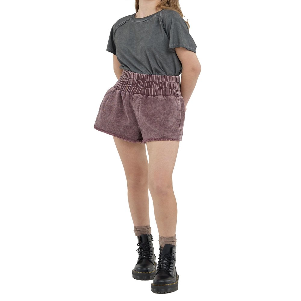 noflik Women's 100% Cotton Mineral Wash High Rise Wide Elastic Waistband Smocked Relaxed Fit Shorts with Pockets(Chocolate, Small)