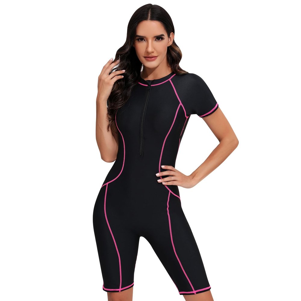 Women's One Piece Swimsuit: Ladies Short Sleeve Sun Protection Swim Shirt with Boyshort Bottom Rash Guard Bathing Suit UPF 50+ Sun Protection Beach Surfing Wetsuit Black & Pink Wire XL