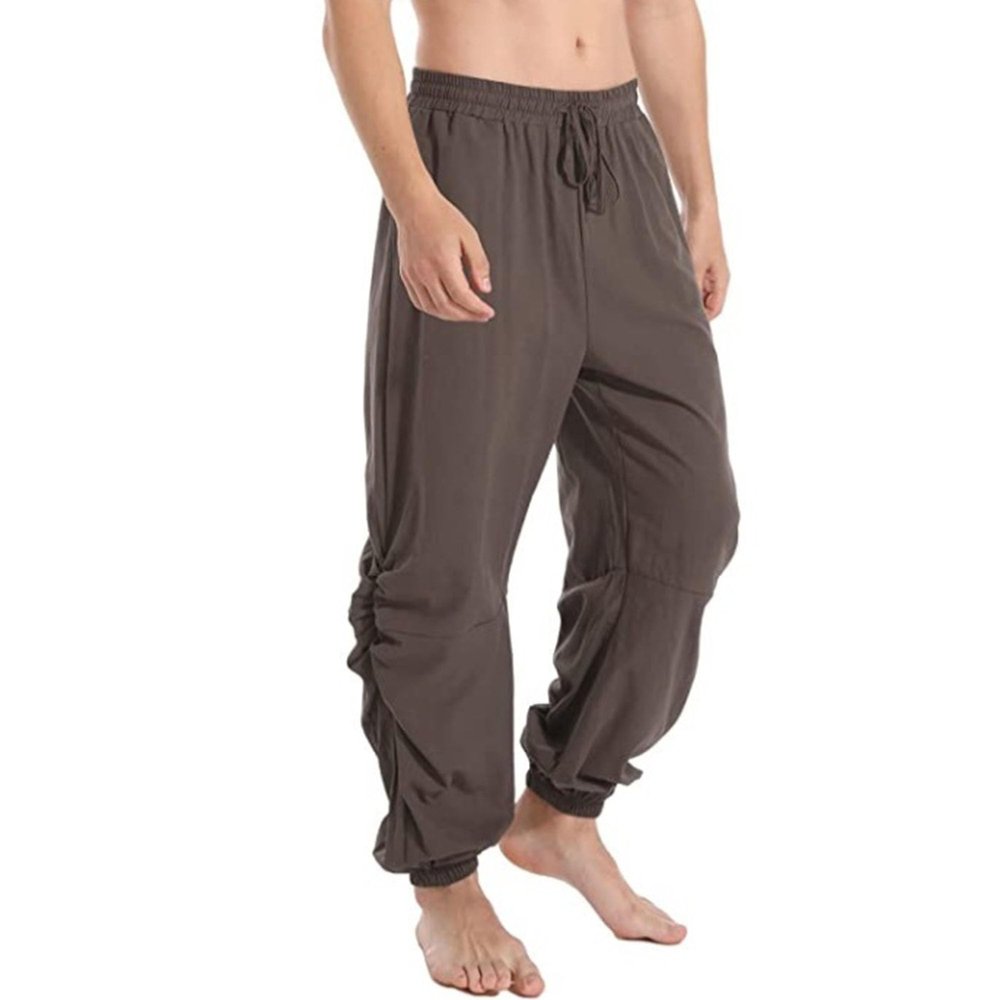 JEsilunmaMY Men's Solid Color Casual Harem Pants Elastic Waist Drawstring Cotton Linen Trousers Loose Casual Beach Yoga Pants (Coffee,Small)