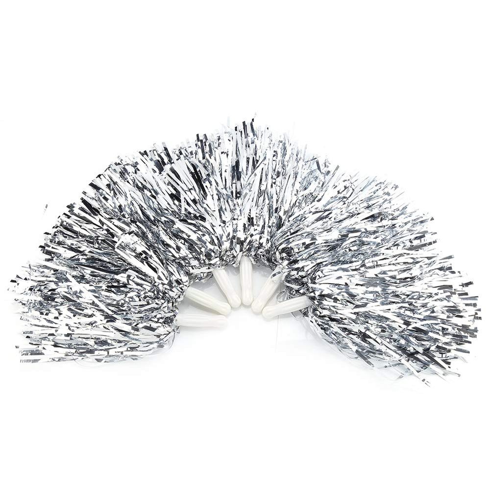 Odorkle Metallic Cheerleading Pom Poms, 6pcs, Baton Handle, Lightweight, Great for Sports Dance (Silver)