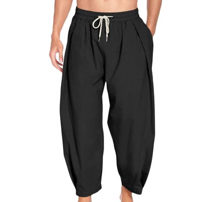 JEsilunmaMY Causal Cotton Linen Harem Pants for Men Elastic Waist Drawstring Beach Pants Lightweight Yoga Pants with Pocket (Black,XX-Large)