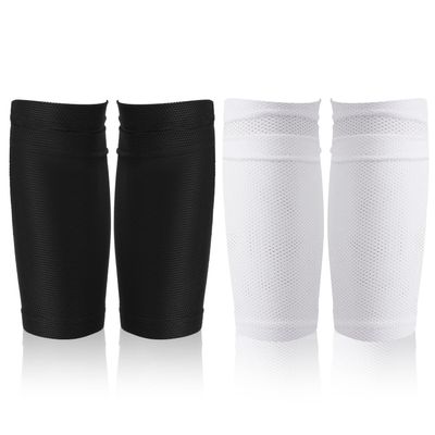 2 Pair Shin Pads Socks, Soccer Shin Guard Covers Socks Breathable Football Pads Holders Soccer Sock Sleeves Soft Calf Sleeves for Kids Adults Beginners (Black & White)
