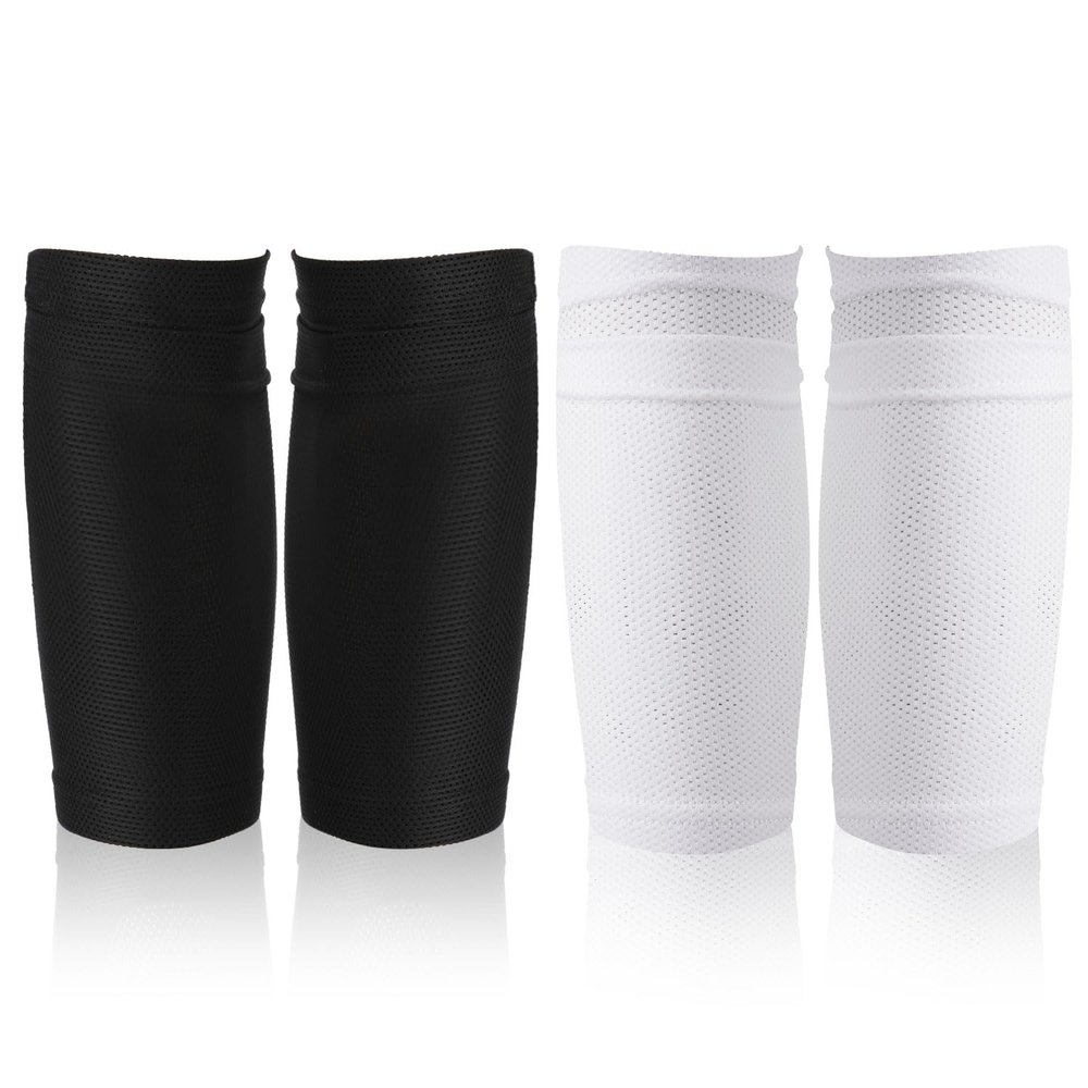 2 Pair Shin Pads Socks, Soccer Shin Guard Covers Socks Breathable Football Pads Holders Soccer Sock Sleeves Soft Calf Sleeves for Kids Adults Beginners (Black & White)