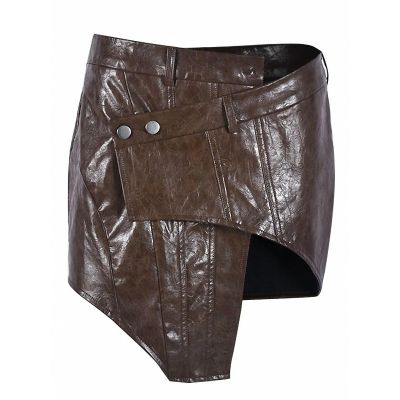 Dawery Women's PU Leather Half Skirt Asymmetrical Button Brown Low-Waisted Hip Wrap Miniskirt Spring M