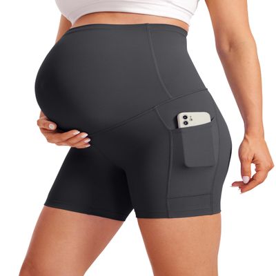 CRZ YOGA Butterluxe Maternity Biker Shorts Pockets 5" - Over The Belly Pregnancy Womens Yoga Workout Athletic Buttery Soft Mysterious Grey XX-Small