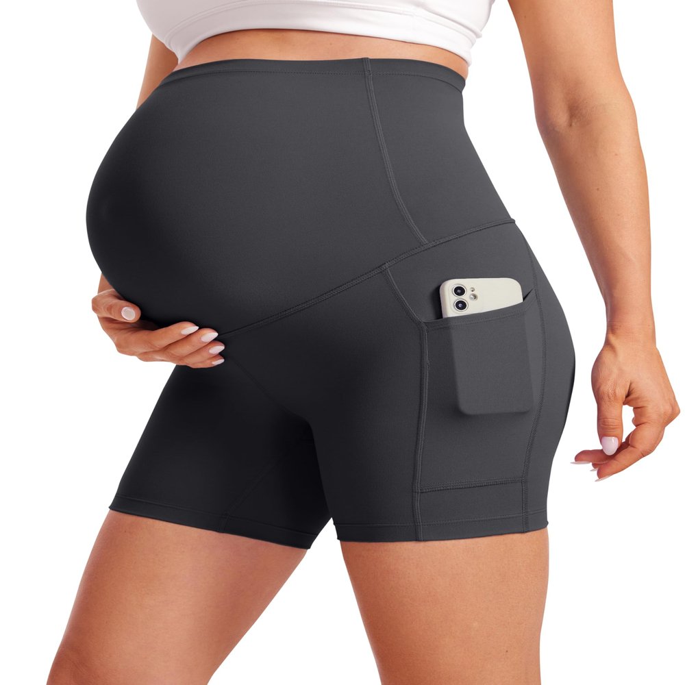 CRZ YOGA Butterluxe Maternity Biker Shorts Pockets 5" - Over The Belly Pregnancy Womens Yoga Workout Athletic Buttery Soft Mysterious Grey XX-Small