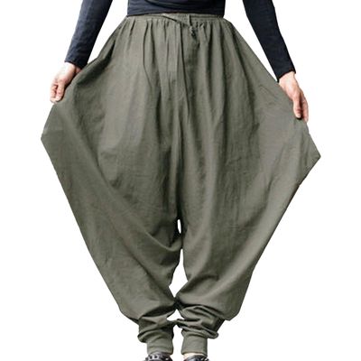 JEsilunmaMY Men's Loose Casual Hippie Harem Pants Relaxed Fit Hip Hop Drop Crotch Trousers Solid Color Drawstring Harem Pants (Army Green,Small)