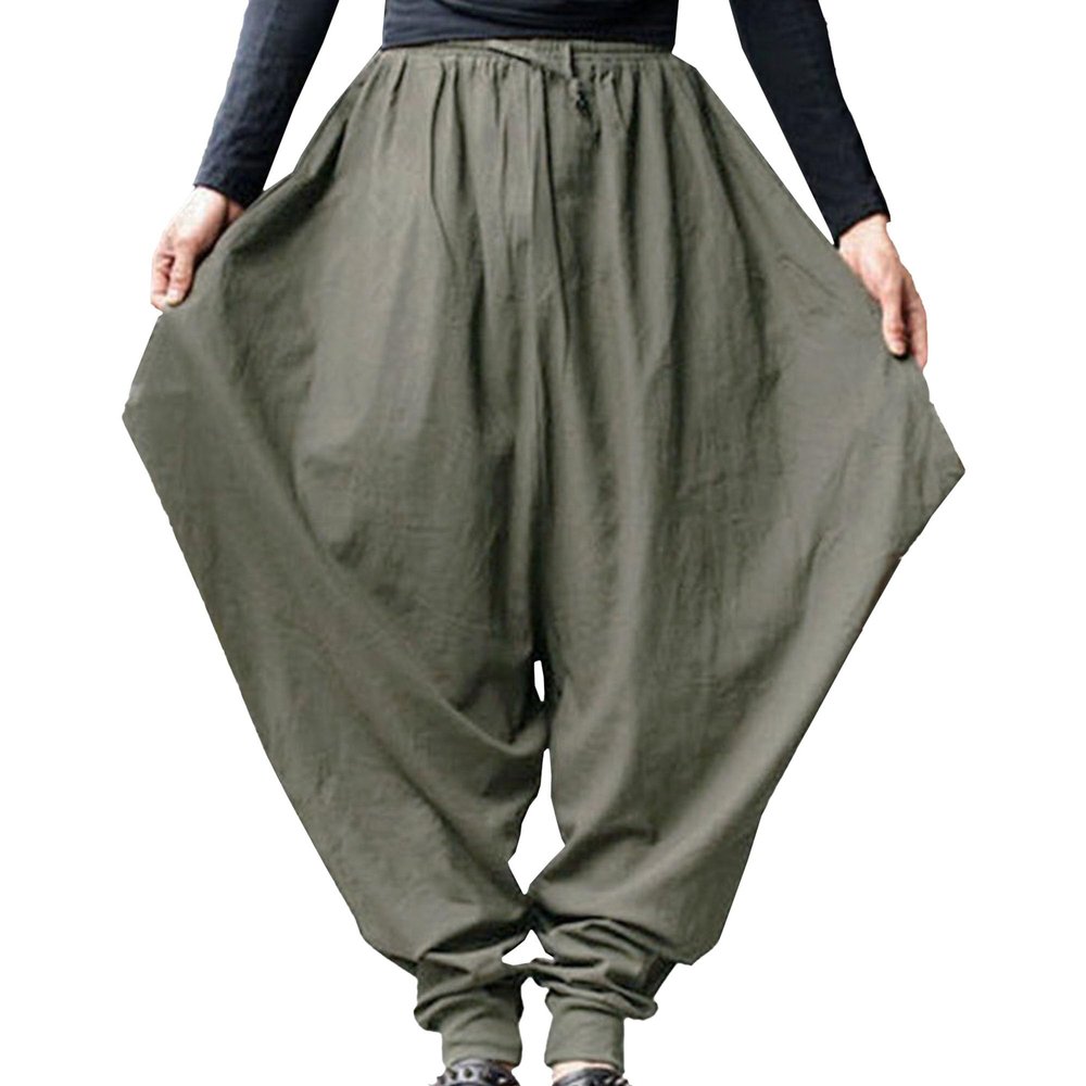 JEsilunmaMY Men's Loose Casual Hippie Harem Pants Relaxed Fit Hip Hop Drop Crotch Trousers Solid Color Drawstring Harem Pants (Army Green,Small)