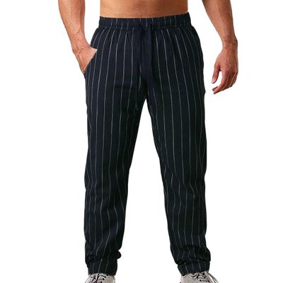 JEsilunmaMY Men's Stripe Cotton Linen Pants Drawstring Elastic Waist Beach Yoga Trousers Summer Straight Leg Casual Pants (Black,3X-Large)