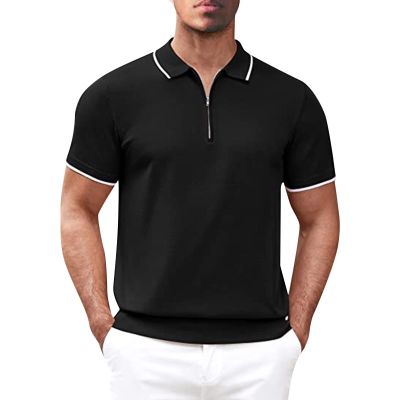 xoxingysm Mens Casual Sport Polo Shirts Short Sleeve Summer Business Golf Bowling Comfy Tops Quarter Zip Solid Slim Fit T Shirts Moisture Wicking Performance Polo Tees Black