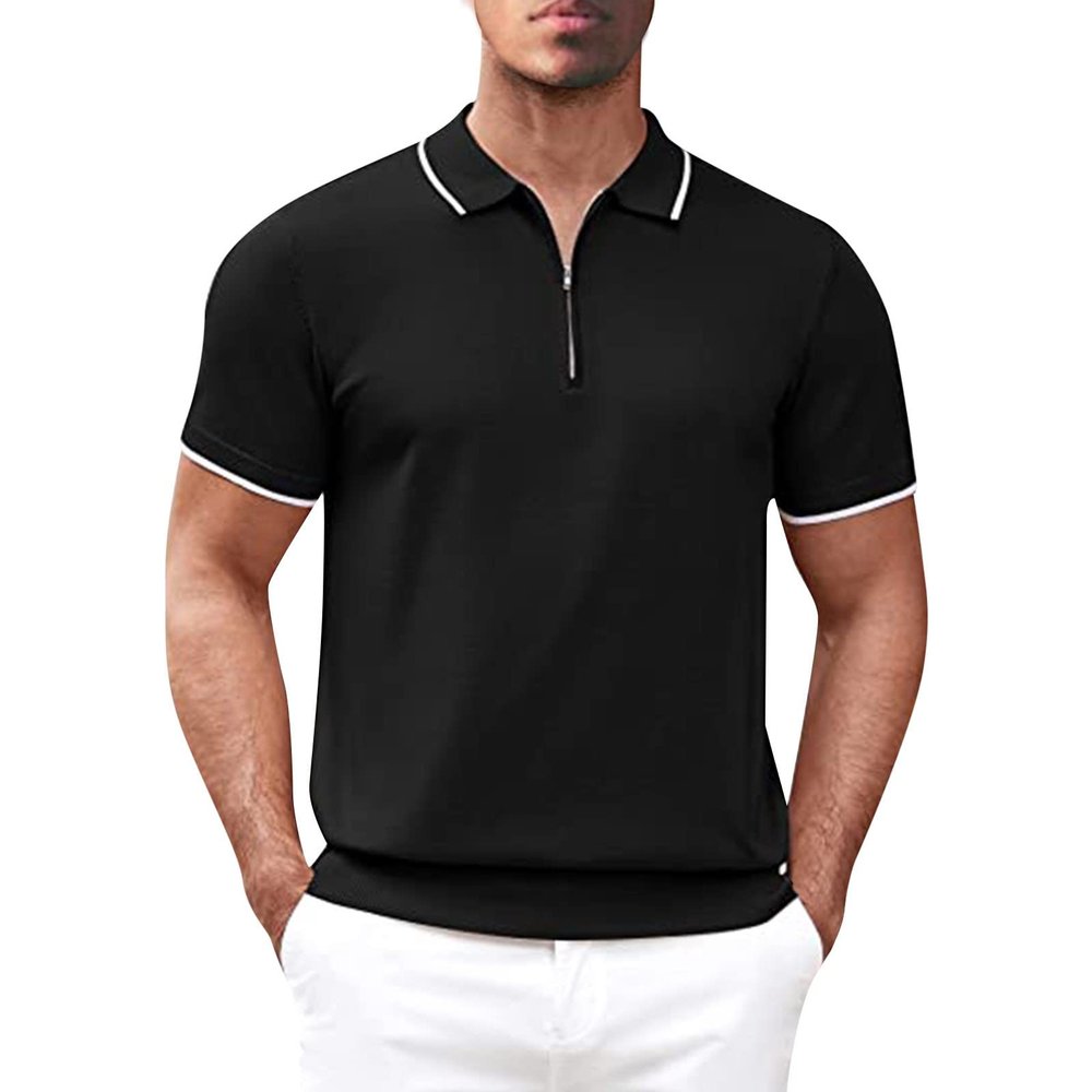 xoxingysm Mens Casual Sport Polo Shirts Short Sleeve Summer Business Golf Bowling Comfy Tops Quarter Zip Solid Slim Fit T Shirts Moisture Wicking Performance Polo Tees Black