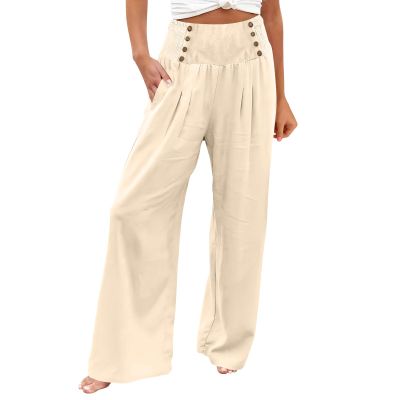 ZYXTIM Women's Cotton Linen Summer Palazzo Pants Flowy Wide Leg Beach Trousers with Pockets(Beige,Small)