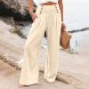 ZYXTIM Women's Cotton Linen Summer Palazzo Pants Flowy Wide Leg Beach Trousers with Pockets(Beige,Small) view 2