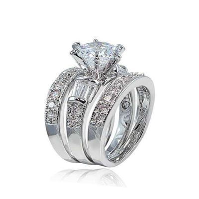 EUJHRTM 925 sterling silver round diamond set for fashionable women's three piece set with diamond engagement, elegant and elegant Mosang stone ring Size 10