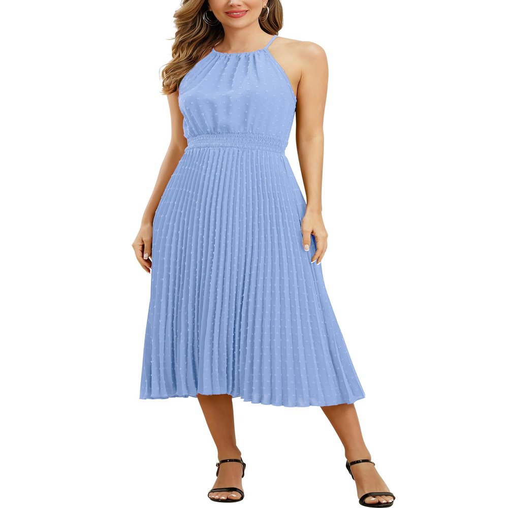 ABEWIP Women's Sun Dresses Summer Casual Midi Dress Sleeveless Halter Swiss Dot Pleated Beach Wedding Guest Light Blue L