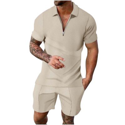 xoxingysm Men's Polo Shirt and Shorts Set 2 Piece Summer Outfits Stylish Waffle Textured Solid 1/4 Zipper Polo T Shirts Casual Elastic Drawstring Loose Athletic Shorts Tracksuit Set Khaki