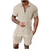 xoxingysm Men's Polo Shirt and Shorts Set 2 Piece Summer Outfits Stylish Waffle Textured Solid 1/4 Zipper Polo T Shirts Casual Elastic Drawstring Loose Athletic Shorts Tracksuit Set Khaki view 2
