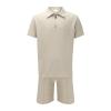 xoxingysm Men's Polo Shirt and Shorts Set 2 Piece Summer Outfits Stylish Waffle Textured Solid 1/4 Zipper Polo T Shirts Casual Elastic Drawstring Loose Athletic Shorts Tracksuit Set Khaki view 3