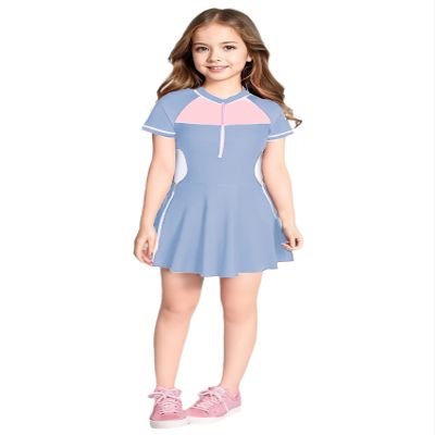 winying Kids Short Sleeve Swim Dress Girls One-Piece Rash Guard UV Protection Sunsuit Bathing Suit Light Blue 5-6 Years