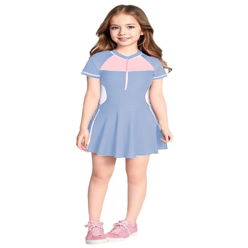 winying Kids Short Sleeve Swim Dress Girls One-Piece Rash Guard UV Protection Sunsuit Bathing Suit Light Blue 5-6 Years