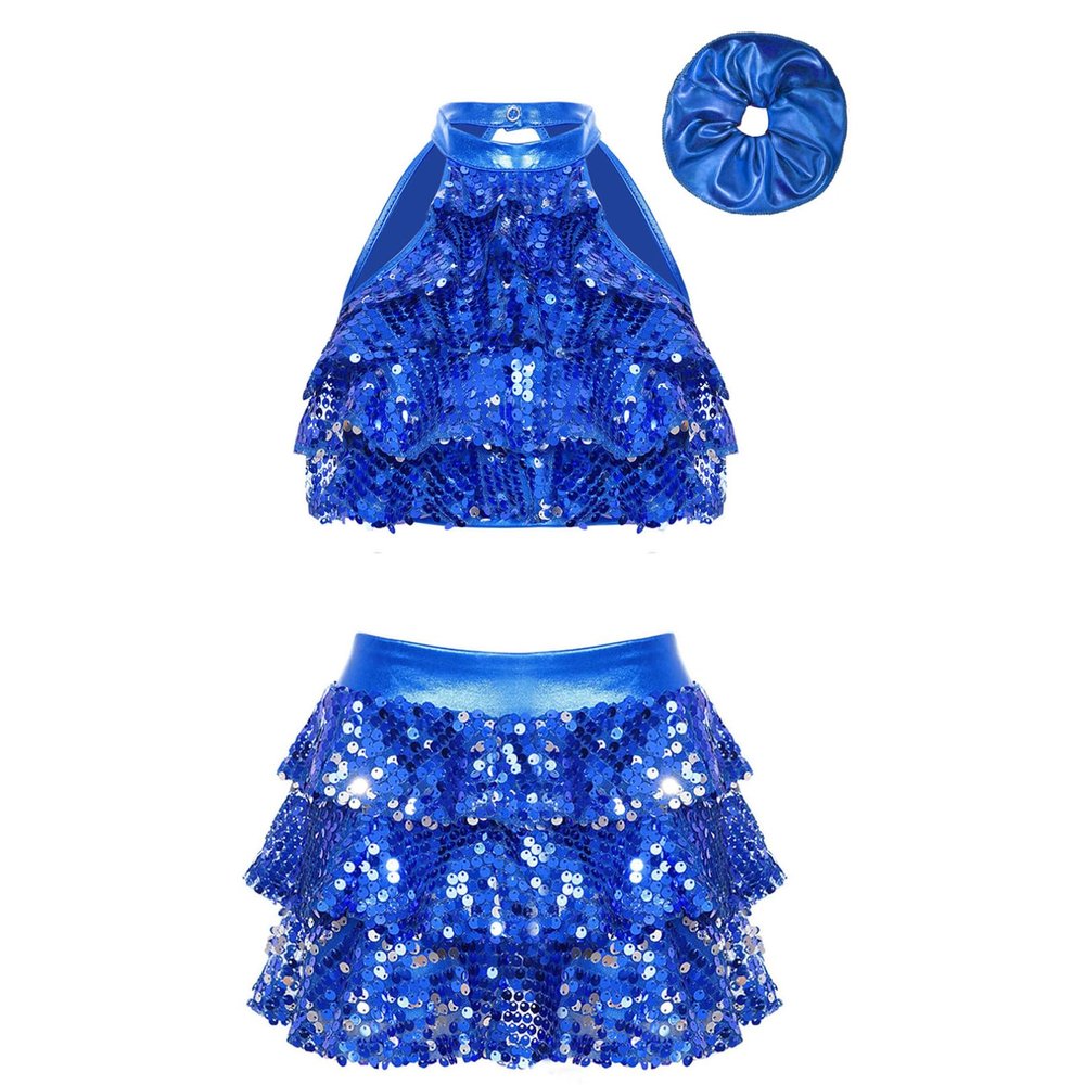 YiZYiF Kids Girls Shiny Sequins Latin Jazz Dance Costume Crop Top with Tassel Tutu Skirt Modern Ballet Dancewear Royal Blue 11-12 Years