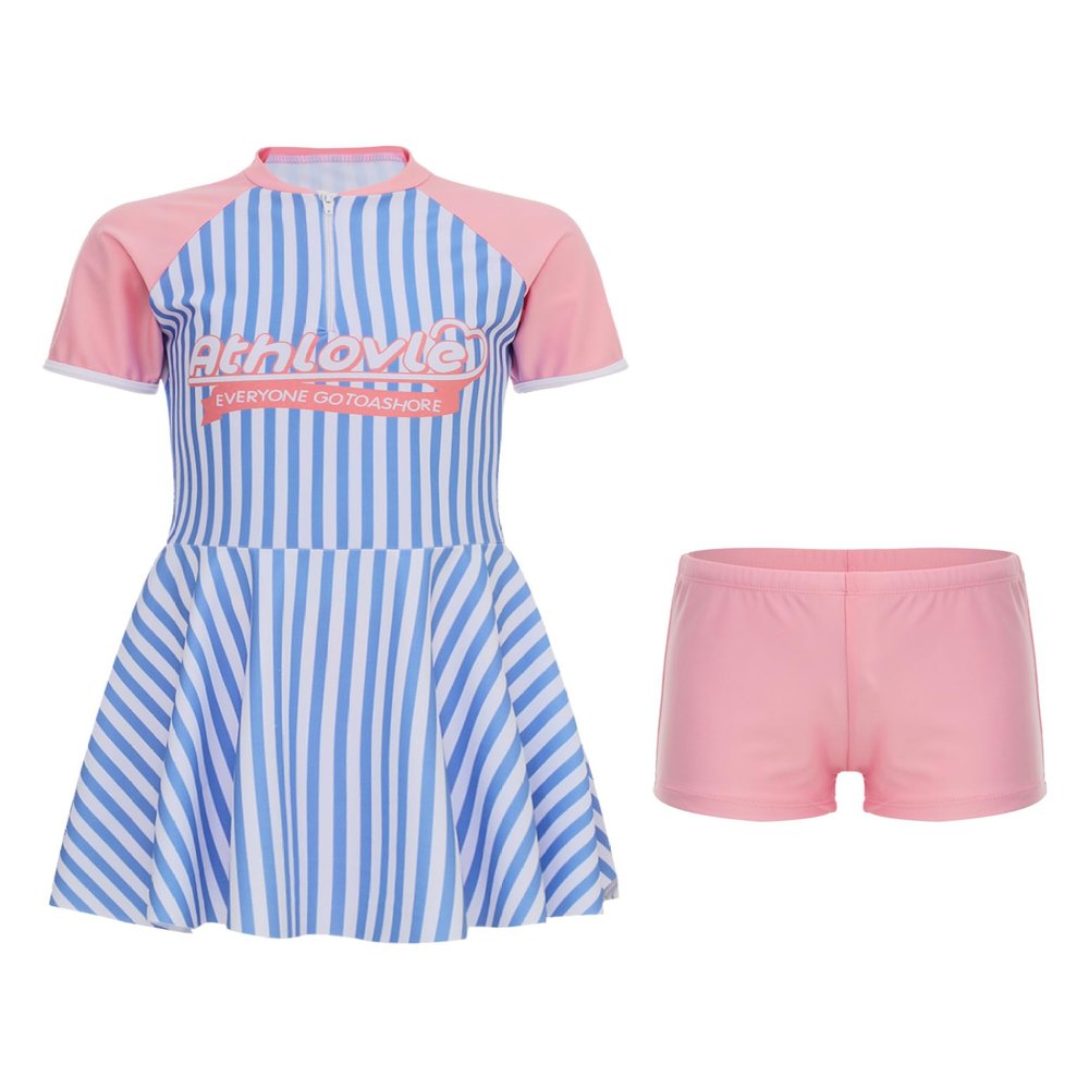 Lorilida 2Pcs Kids Girls Swimming Suit Short Sleeve Print Swim Dress with Shorts Swimwear Set Pink 9-10 Years