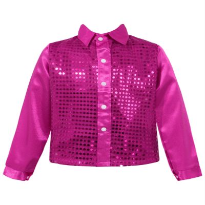 Xnihocha Kids Boys Glittery Sequin Long Sleeve Spread Collar Shirt for Choir Jazz Dance Stage Performance Hot Pink 8-10 Years