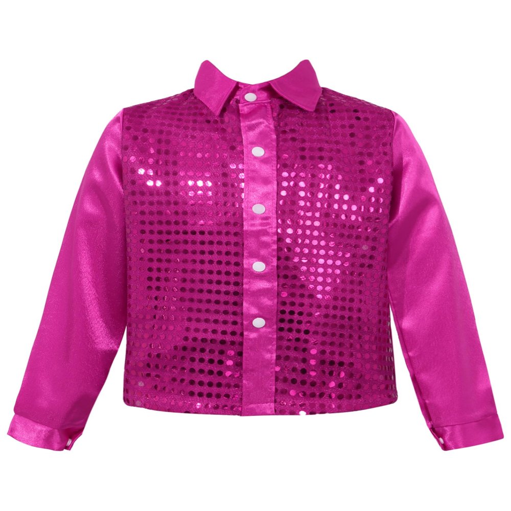 Xnihocha Kids Boys Glittery Sequin Long Sleeve Spread Collar Shirt for Choir Jazz Dance Stage Performance Hot Pink 8-10 Years