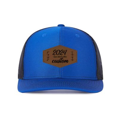 Generic Custom Leather Patch Trucker Hat for Men & Women - Personalized Text & Photo Baseball Cap Laser Engraved.New 24, Royal Blue With Black Mesh