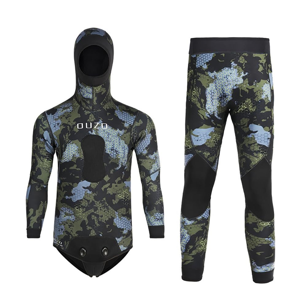 WYYHAA 5MM Neoprene Spearfishing Wetsuit with Hooded, 2 Pieces Long Sleeve Full Body Camouflage Hunting Diving Suit for Cool Water Freediving,Green,M
