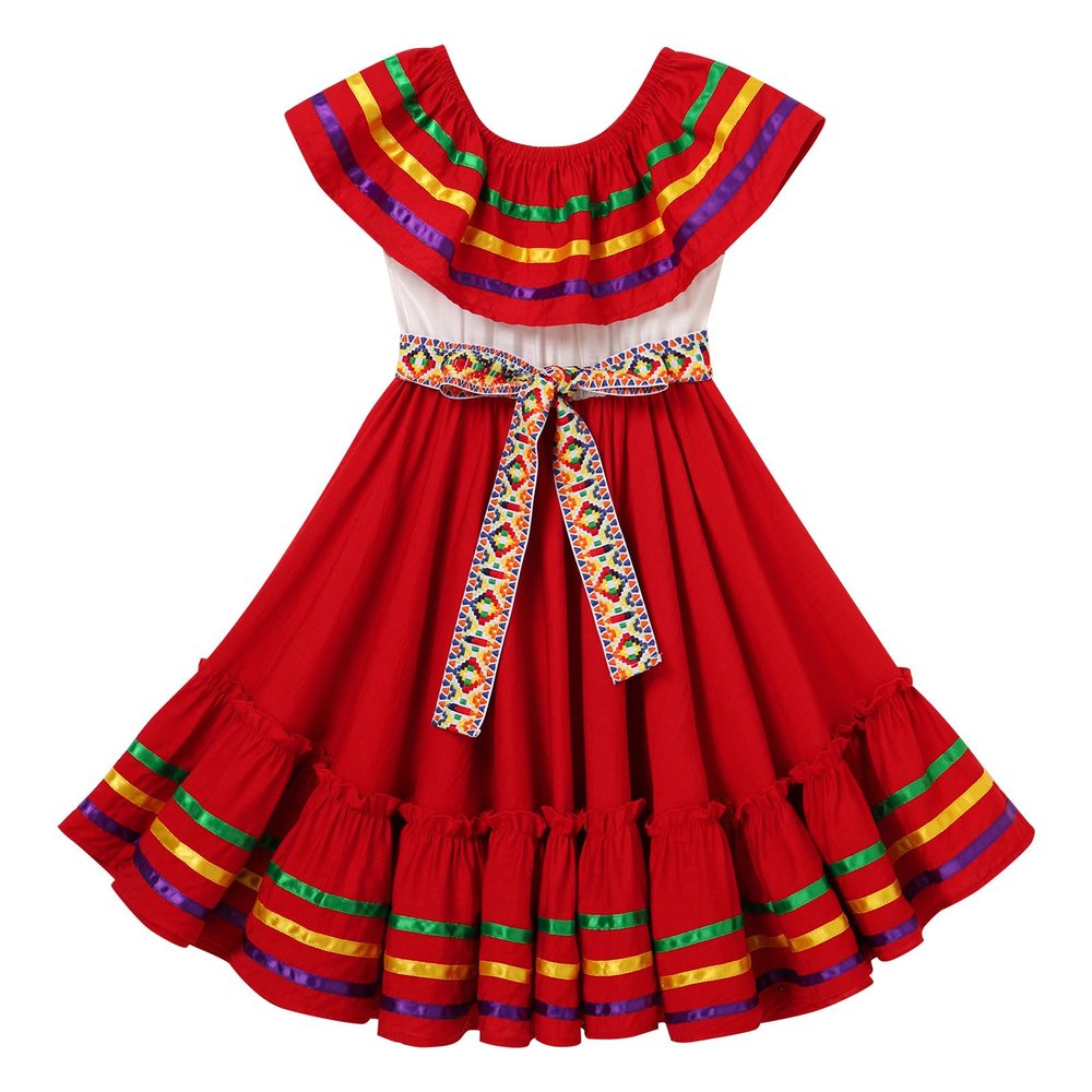 ABEWIP Mexican Dress for Girls Mexican Traditional Folk Ruffle Drape Dress with Belt Mexican Carnival Birthday Party Dress Mexican Folklorico Princess Dress Fancy Sleeveless Dress Red 9-10 Y