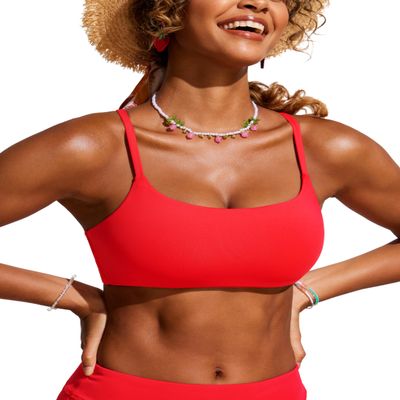 CRZ YOGA D-DD Scoop Neck Bikini Tops for Women - Padded Adjustable Spaghetti Straps Bathing Swimsuit Sports Bra Deep Red Large