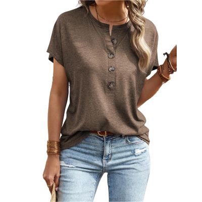 2024 Women's Latest Tops Summer Fashion Clothes Short Batwing Sleeve Buttons Round Neck Casual Blouse T Shirts Brown