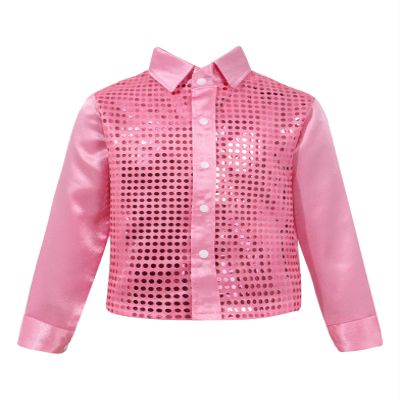 Xnihocha Kids Boys Glittery Sequin Long Sleeve Spread Collar Shirt for Choir Jazz Dance Stage Performance Pink 4-5 Years