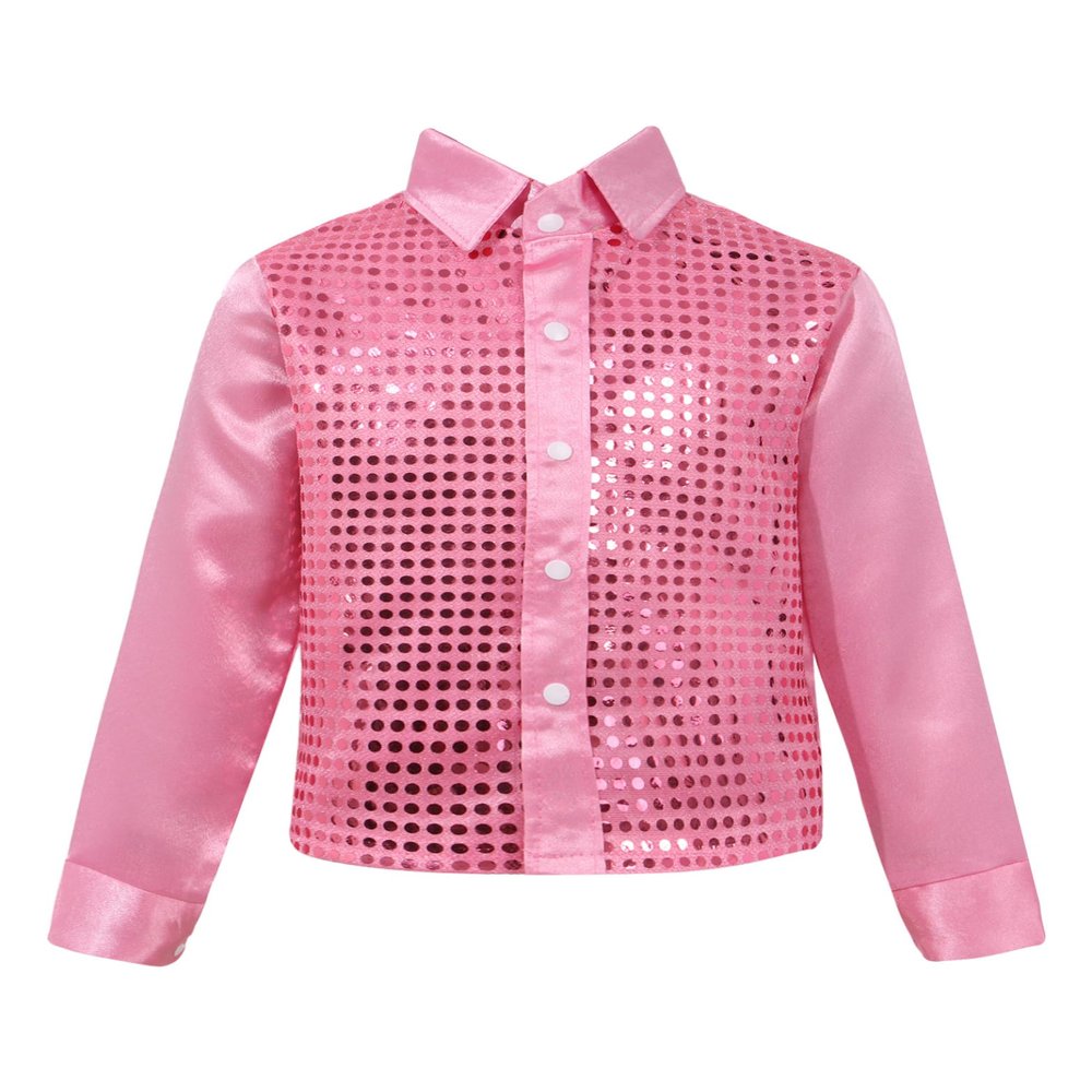 Xnihocha Kids Boys Glittery Sequin Long Sleeve Spread Collar Shirt for Choir Jazz Dance Stage Performance Pink 4-5 Years
