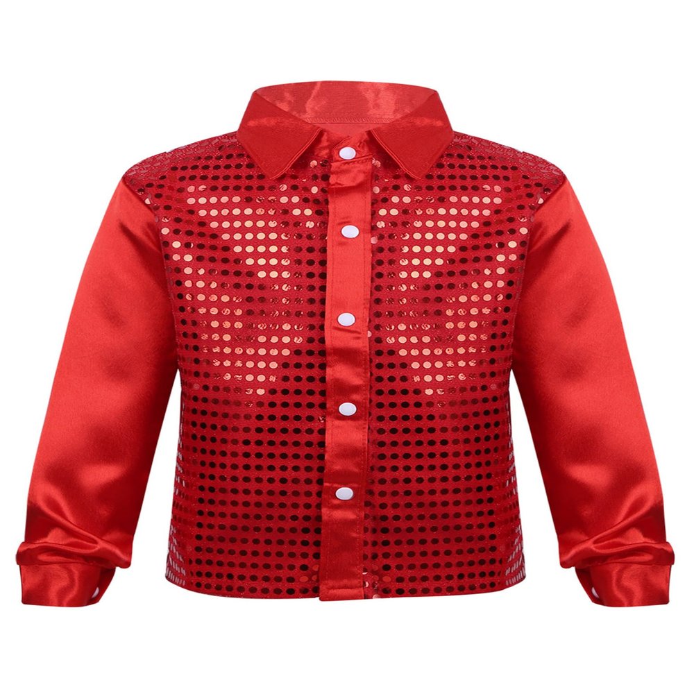 Xnihocha Kids Boys Glittery Sequin Long Sleeve Spread Collar Shirt for Choir Jazz Dance Stage Performance Red 8-10 Years