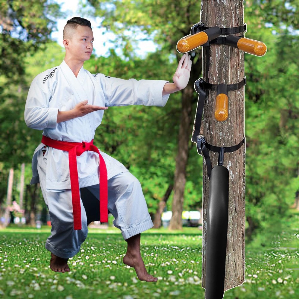 TREGOO Wing Chun Dummy Wooden Man Kung Fu Trainer Spring Equipment, Tai Chi Martial Arts Practice Dummies Mixed Hand Leg, Outdoor Man Pile Stand Bundle Hard Object, 78634